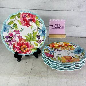 Bright Topical Floral Blue Dotted Rim Melamine 8.5" Salad Lunch Plates Set of 6